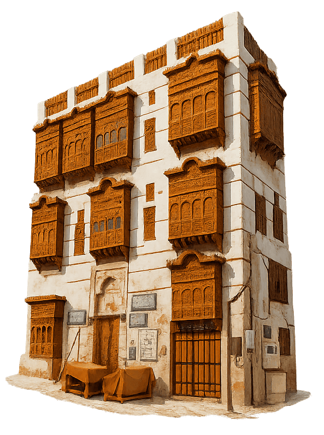 The facade of Beit Al-Matbouli with its wooden rawasheen across three floors