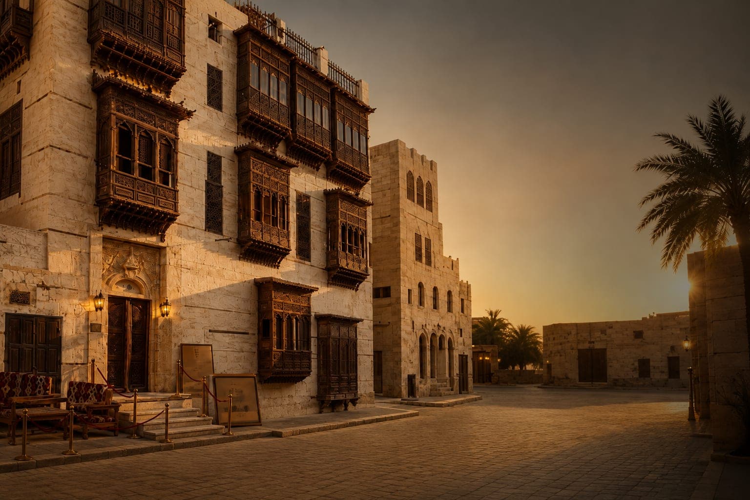 The coral-stone facade of Beit Al-Matbouli and its carved wooden rawasheen in Historic Jeddah at dusk