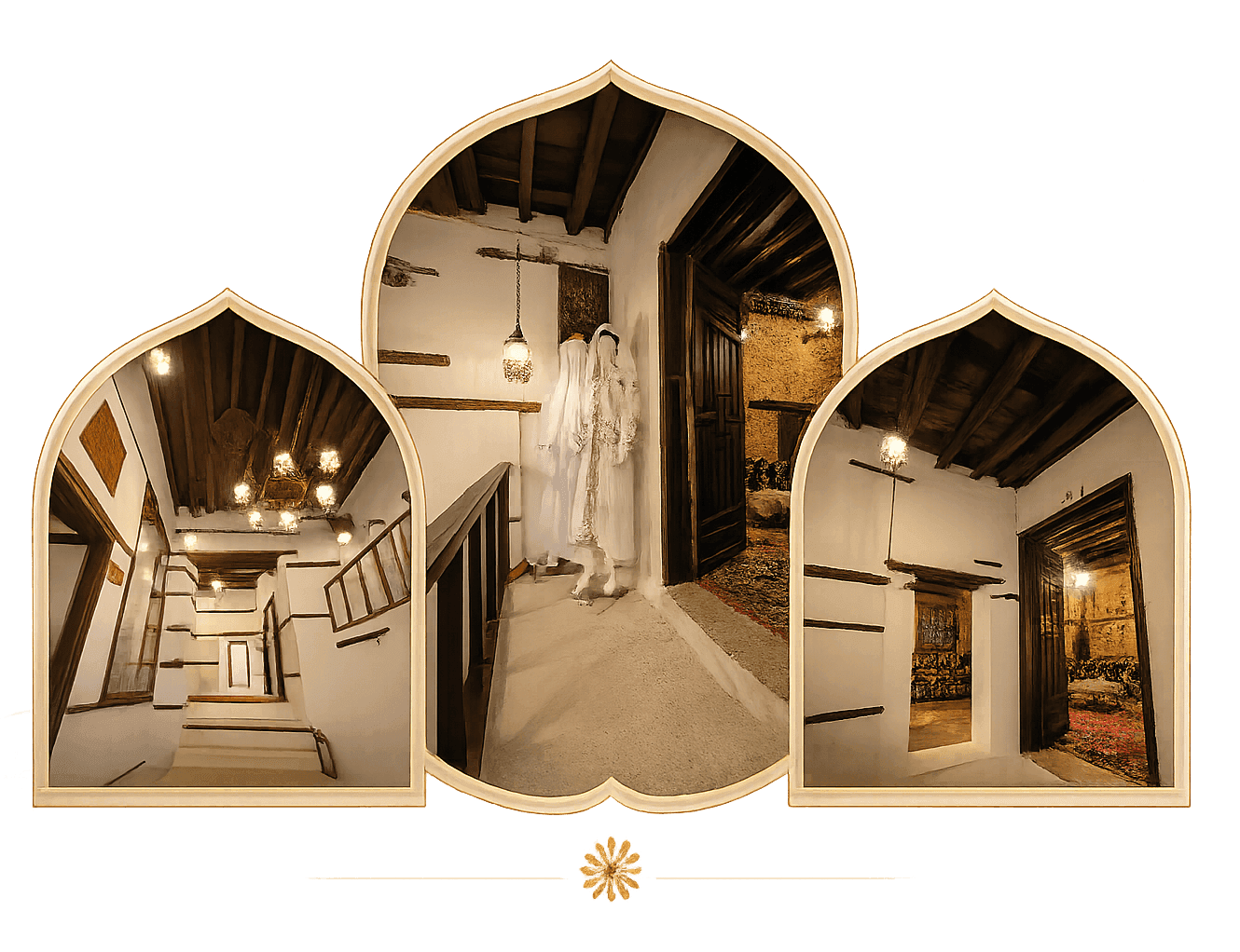 Three arched views inside Beit Al-Matbouli: a wooden staircase, a corridor with a traditional robe, and an interior majlis